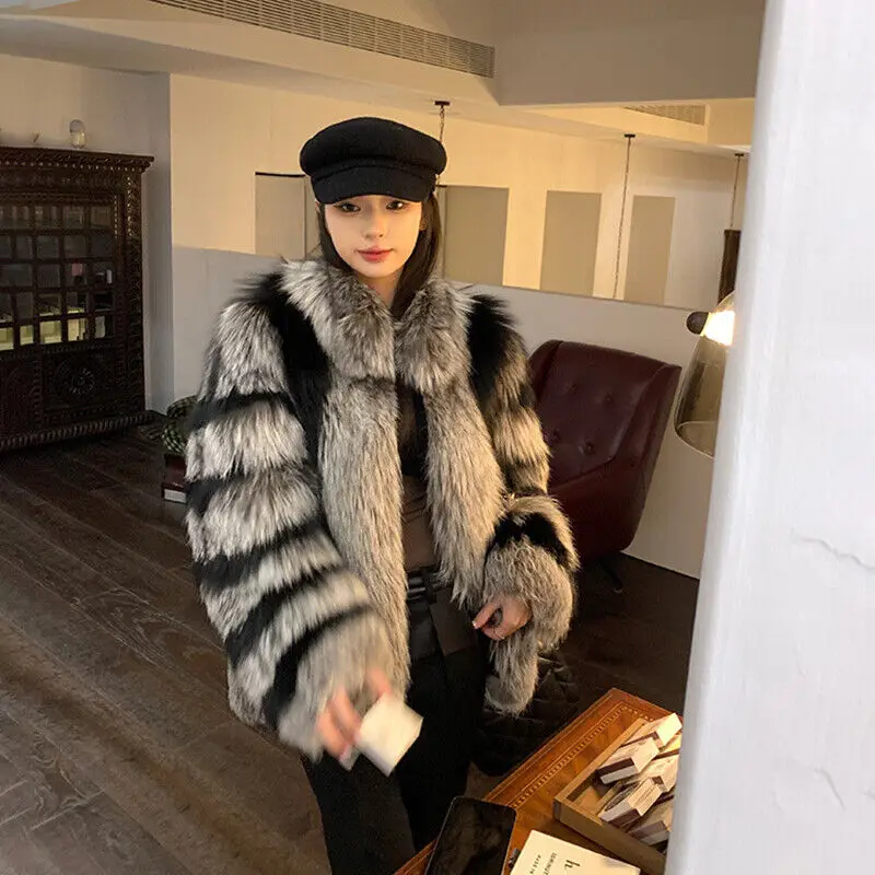 Fashion Contrast Color Fox Fur Coat Women Winter Thicken High Quality Outertwear Fluffy Natural Fox Fur Jacket Lady