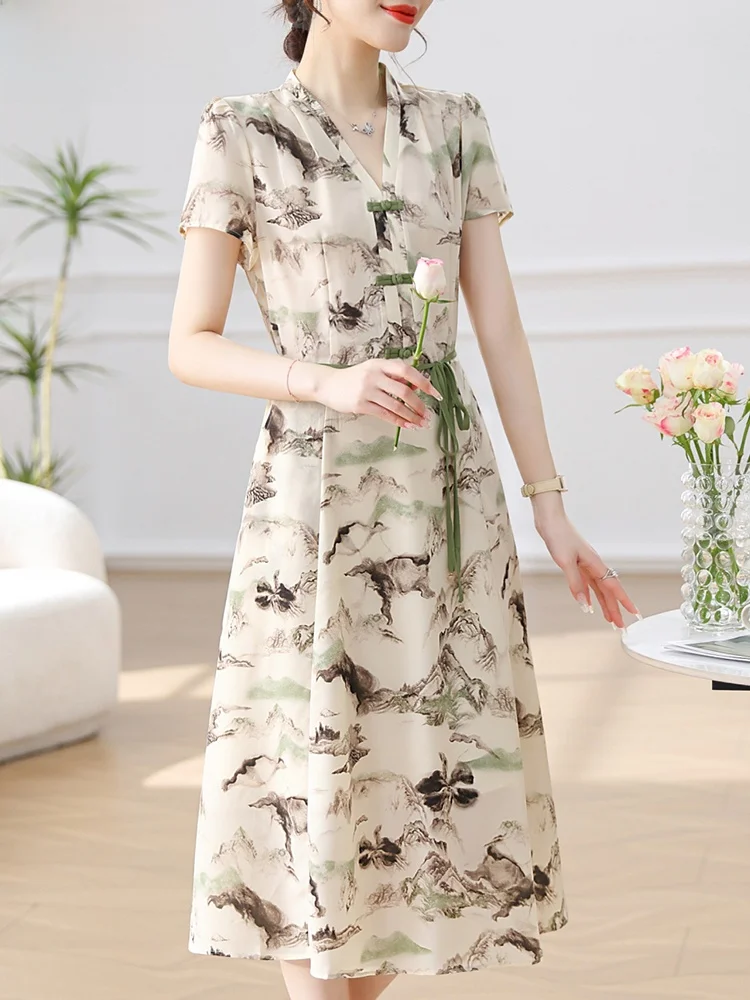 

Ele Mom Summer Dr 2026 New Sle Mid-aged Women ort Sve Chiffon Skirt Faionable Loose Fit V-ne Midi Dr