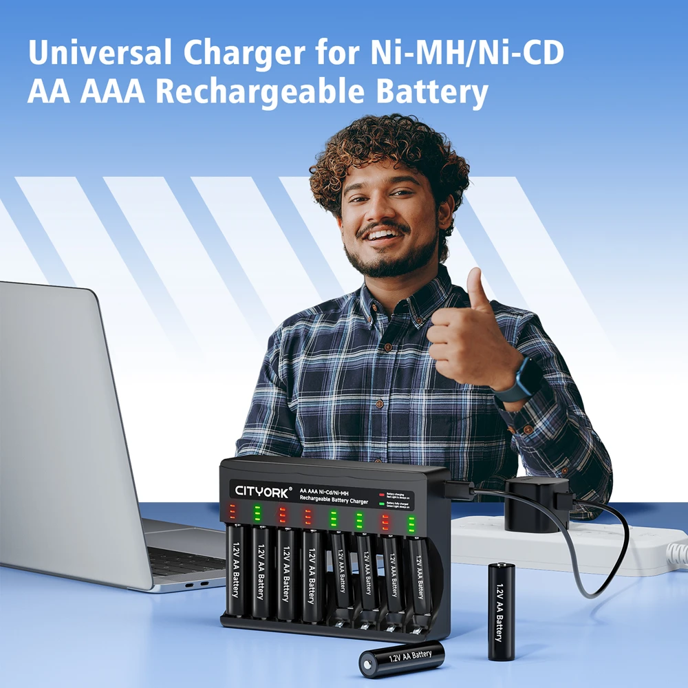 Cityork-充電式バッテリーインジケーター充電器,8スロットLCDディスプレイ,USB-C, NI-MHAA,aaa,1.2v,高速スマート充電