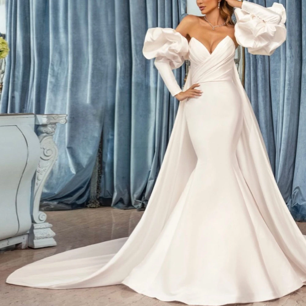 

Customized Boho White Satin Wedding Dress Formal Sweetheart Sleeveless Bridal Gowns Soft Mermaid Court Train Vestido De Novia