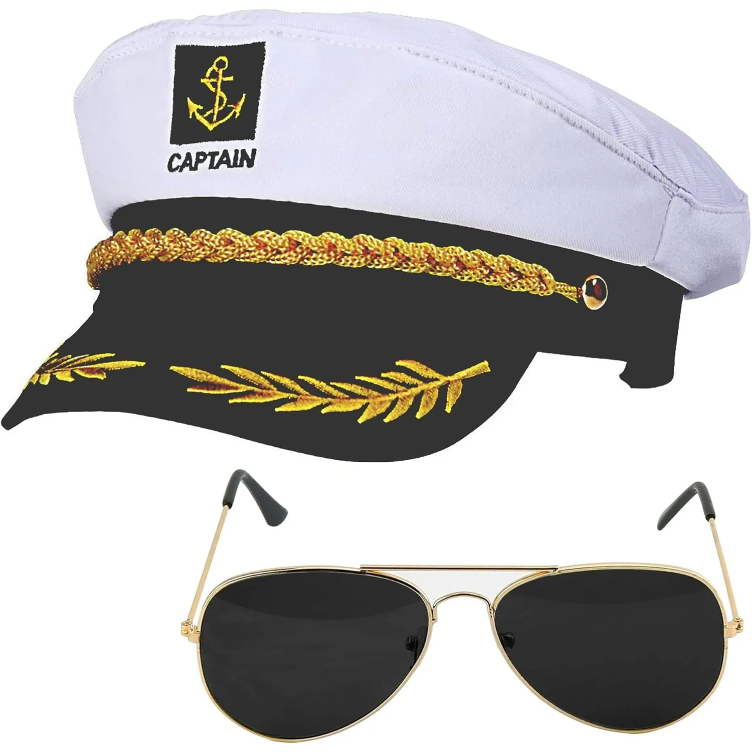 Cappello da capitano e occhiali da sole Cappello da marinaio per adulti per uomo Donna Festa da barca regolabile Accessori per costumi di Halloween Cosplay Bianco