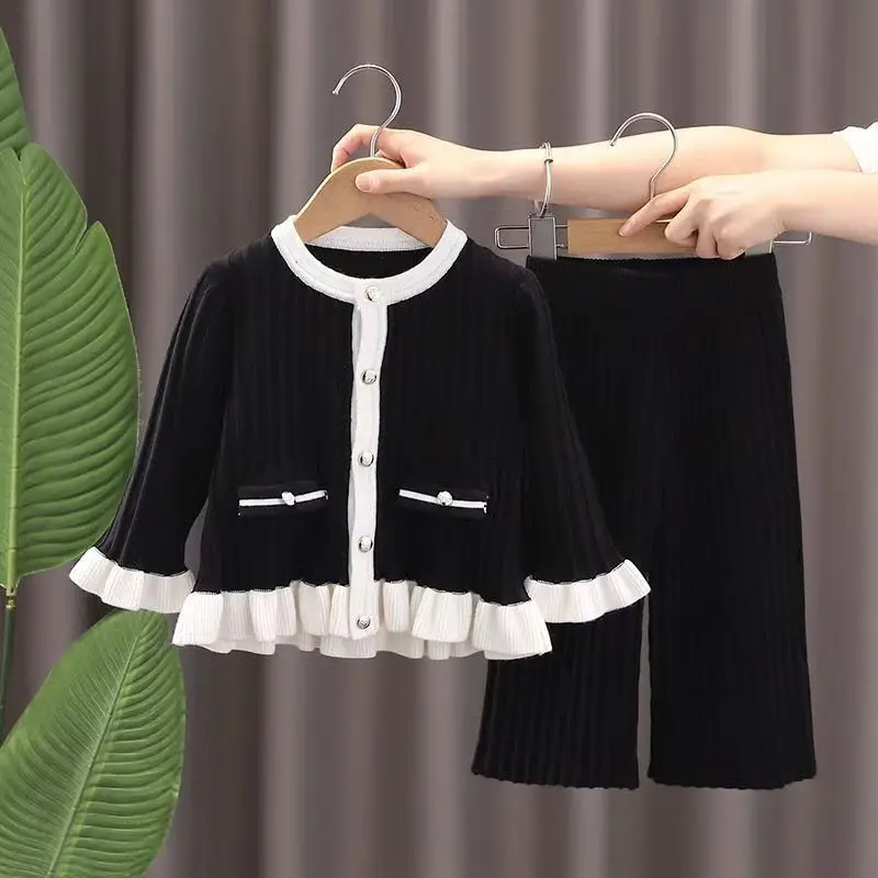 Girl's Jumper Set Autumn and Winter New Fashion Baby Girl Solid Colour Cardigan Jumper + Wide Leg Trousers 2 Pieces Set Kids