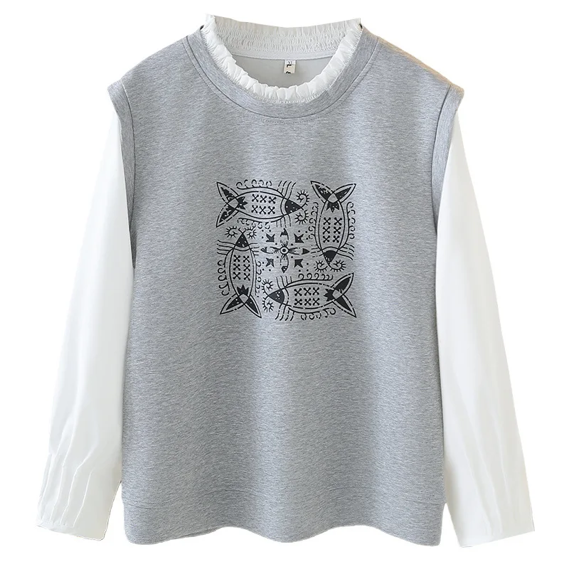 

XXXXL Fashion Plus Size Woman Clothing Spring 2026 Sweatshirt Printed Fake Two Pieces Casual Ruffled Collar Hooides 2604