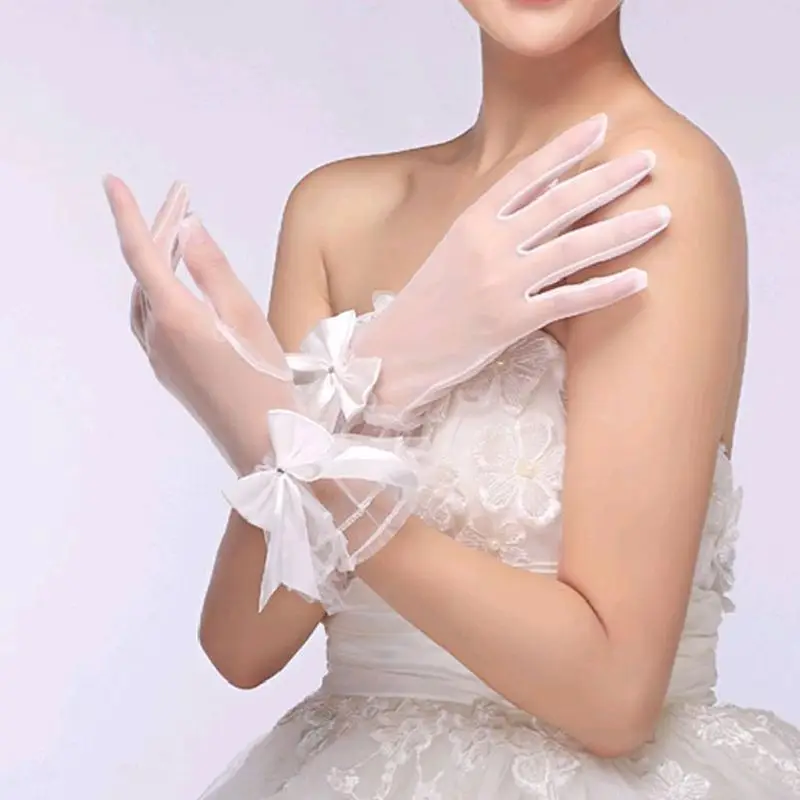 

Women Summer UV-Proof White Gloves Ruffled Mesh Lace Bowknot Wedding Mittens