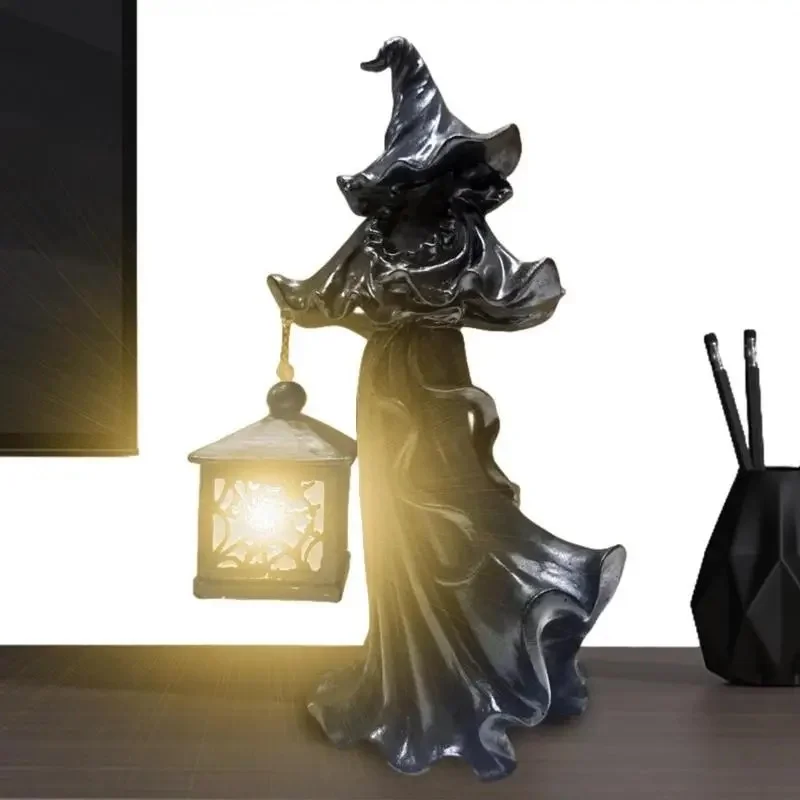 

Halloween Decorations Gifts Witch Lantern Statue Home Decor Resin Crafts Witch Decor Black Robed Ghost Figurine Yard Decoration