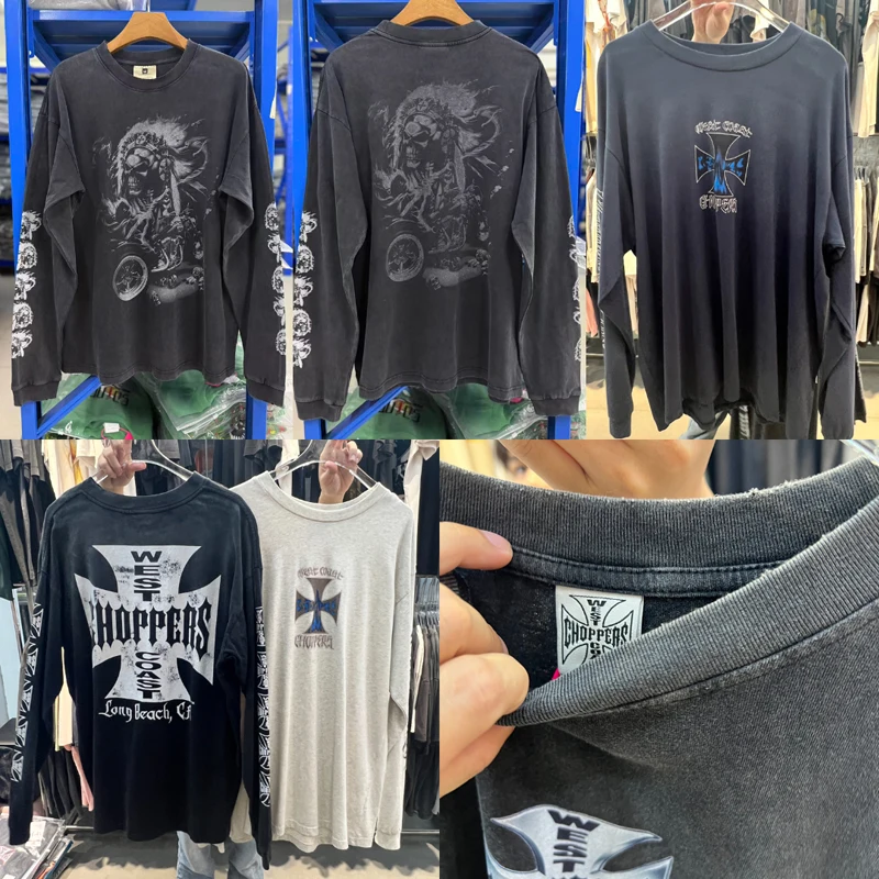 American Style Street West Coast T-shirt Tops Men Women Retro Casual Loose Washed Black Print Long Sleeve Tee