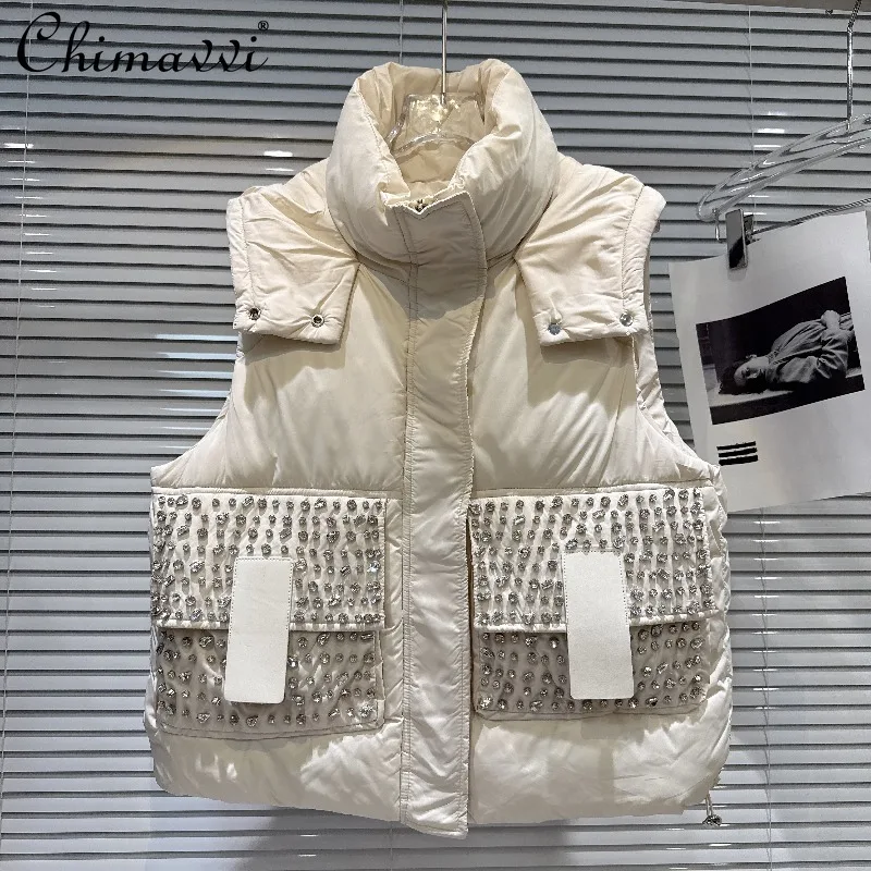 

Новый зимний тяжелый модный карман со стразами и бисером, дизайн с воротником-стойкой, теплый хлопковый жилет, элегантный женский жилет для милых девочек, куртка