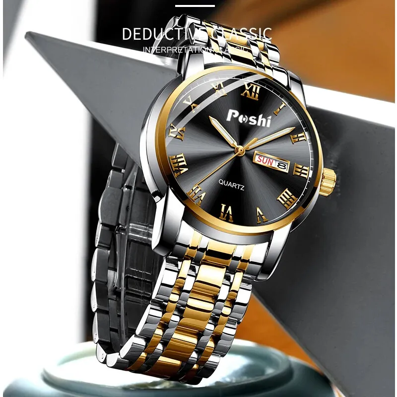 POSHI Stainless Steel Quartz Wrist Watch for Man Luxury Week Date Display Luminous Bracelet Fashion Men\'s Watch Original Clock