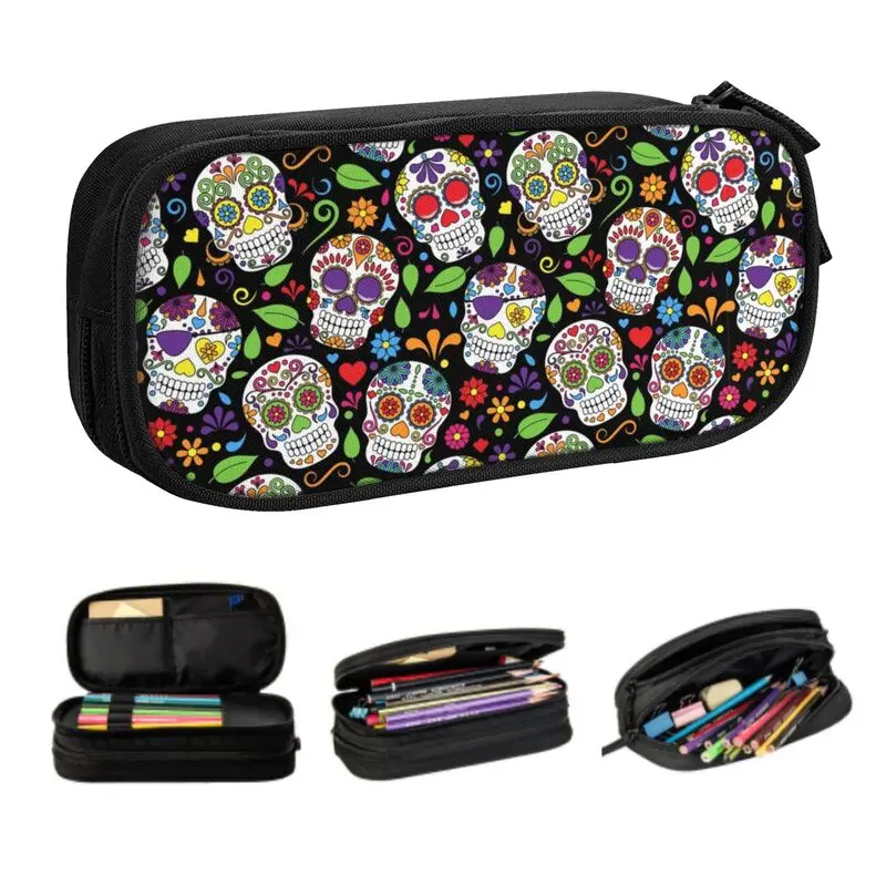 Custom Colorful Sugar Skull Flower Black Pattern Pencil Cases Mexican Day of the Dead Large Storage Pen Box Bag School