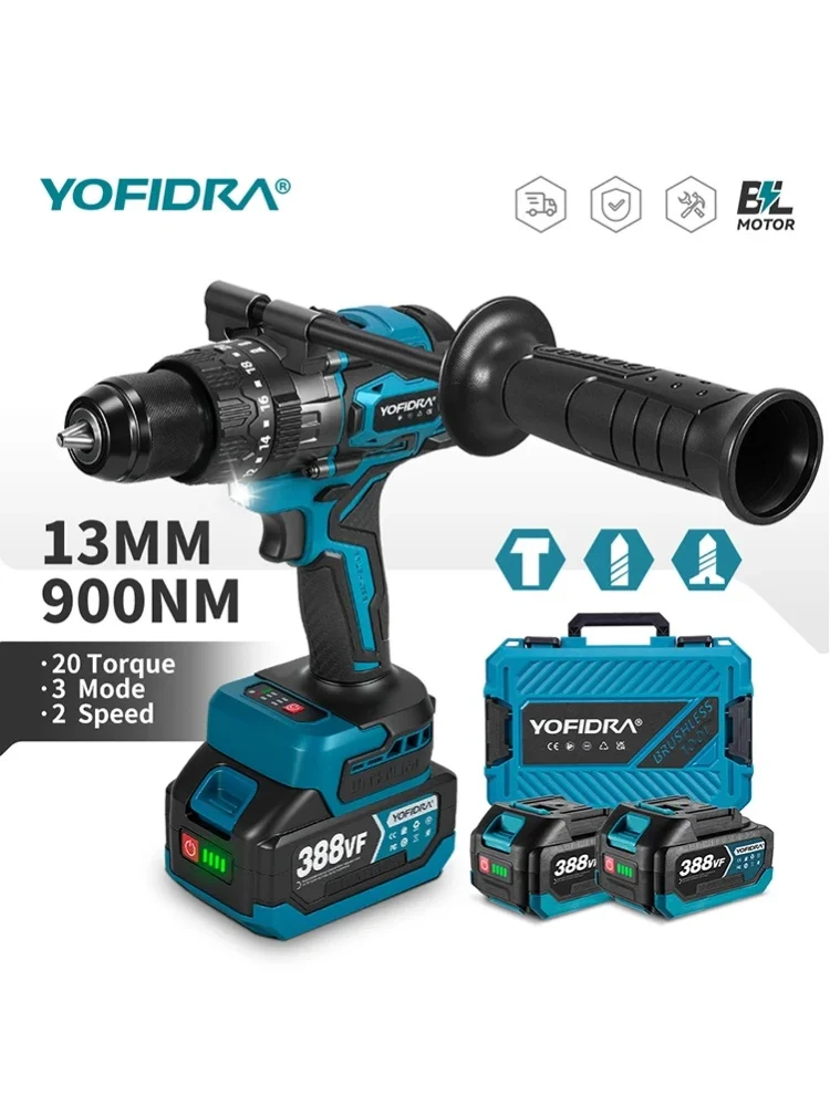 YOFIDRA 20+3 Drehmoment 900N.M Bürstenloser Elektrischer Schlagbohrer 13MM Akku-Bohrschrauber Elektrowerkzeug für Makita Akku