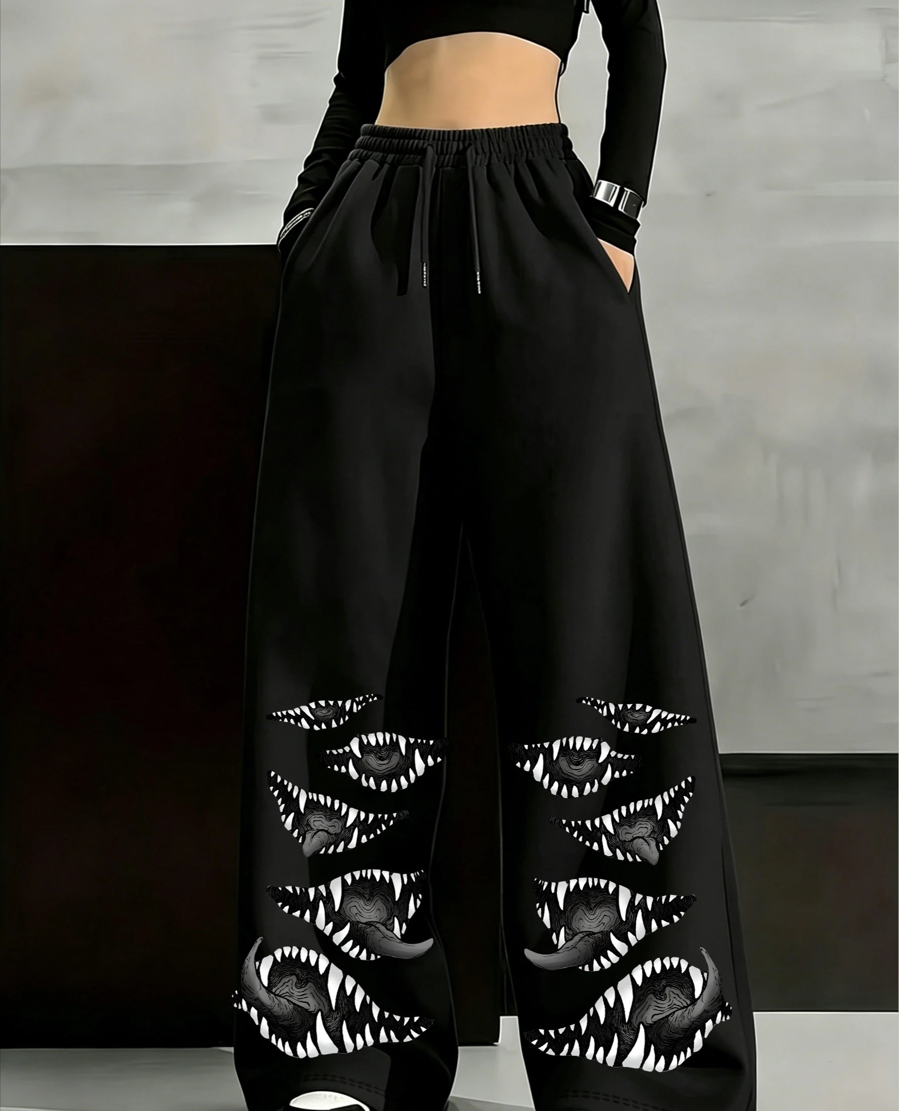 Gothic Fang Graffiti Personalized Pattern Printed Pants for Men and Women, Casual Sports Straight Pants