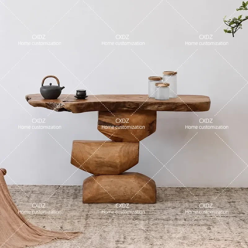 Wabi Sandy Wind Solid Wood Entrance Table Advanced Sense Against Wall End View Art Zen Side Table