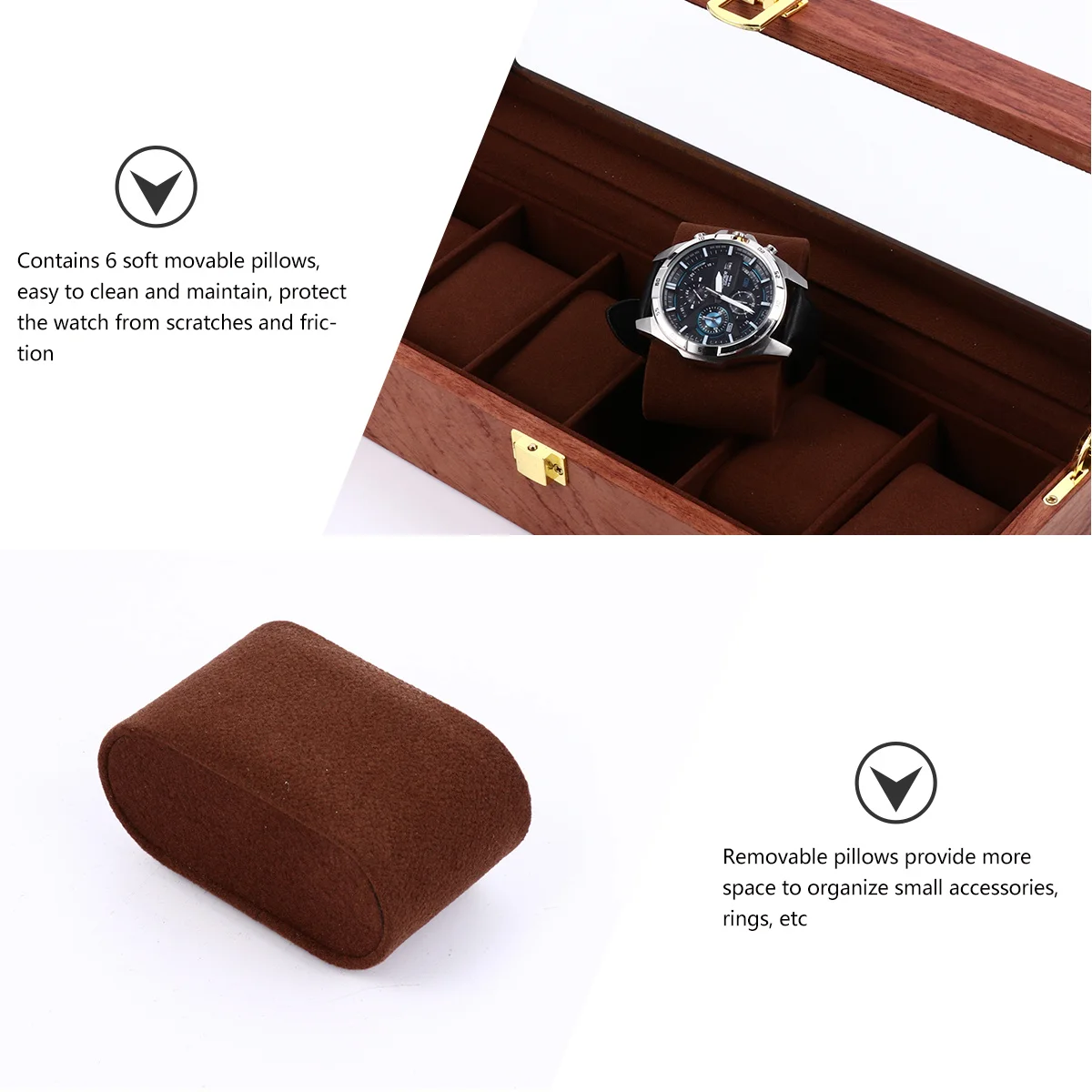 

6 Slots Vintage Wooden Watch Storage Box Display Case For Watches With 6 Removable Pillows Scratch Resistant Transparent Window