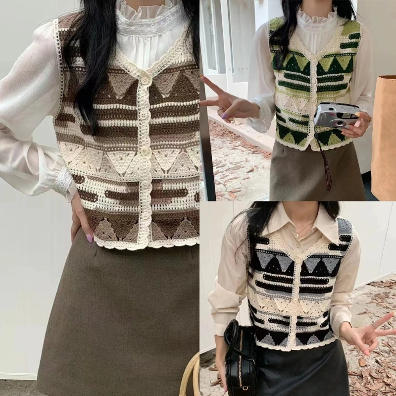 

Hollow Crochet Vest Waistcoat Women Knit Contrast Color Sleeveless Crop Cardigan P8DB