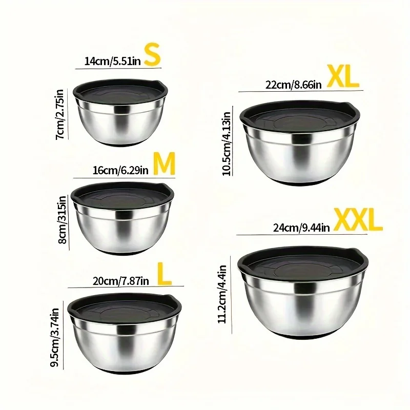 6PCS Silicone Bottom Thickened With Lid Mixing Bowls Cooking Basin Stainless Steel Egg Beating Basin Salad Basin Kitchen Baking
