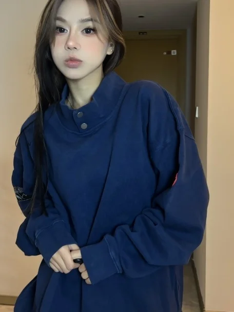 

Мужская повседневная удобная толстовка свободного кроя из чистого хлопка синего цвета с воротником-стойкой, всесезонная, бренд Cavecpt