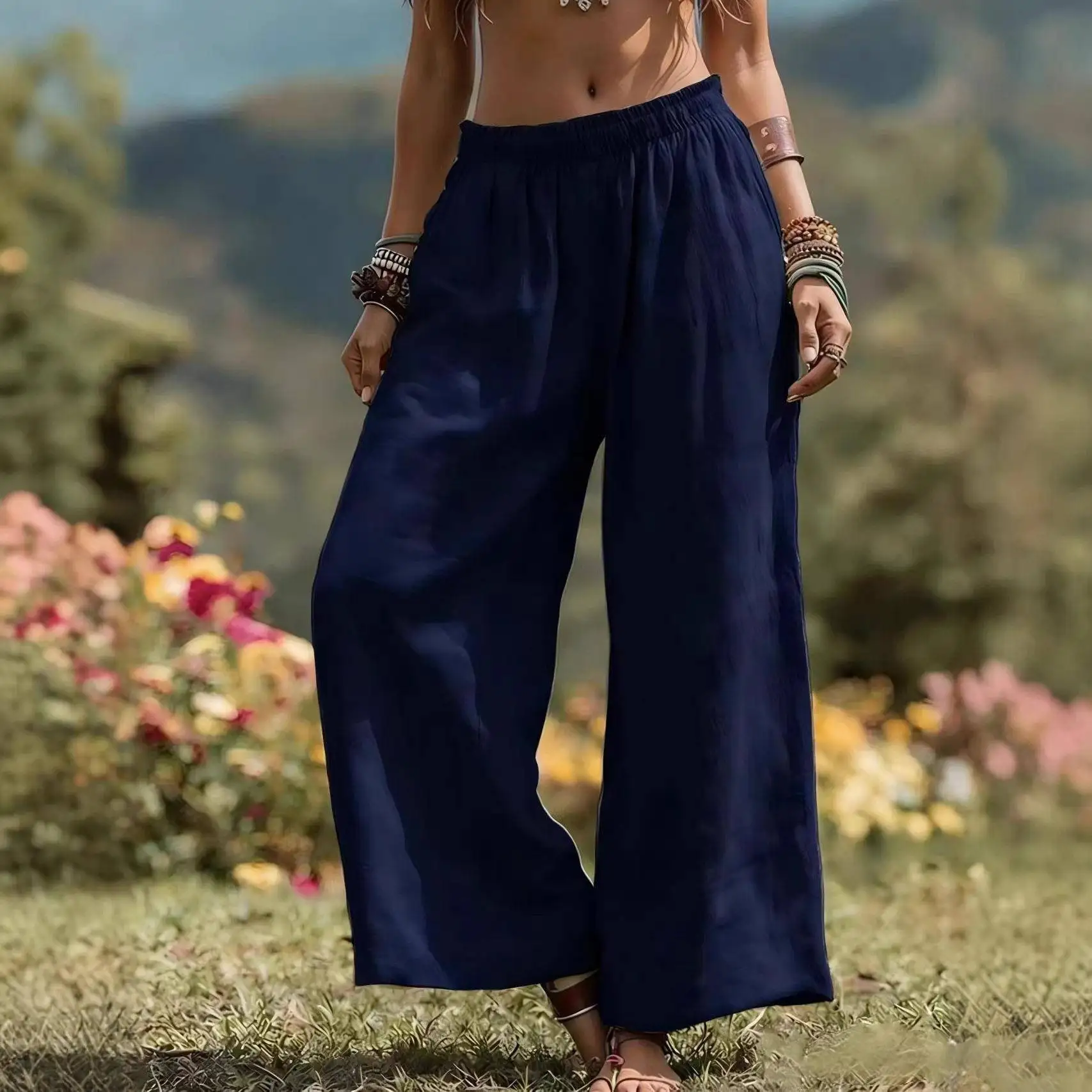 

Loose Casual Wide Leg Pants Women's High Waist Cotton Trousers Pure Color Spring Summer New Arrival Cross-Border Independent ...