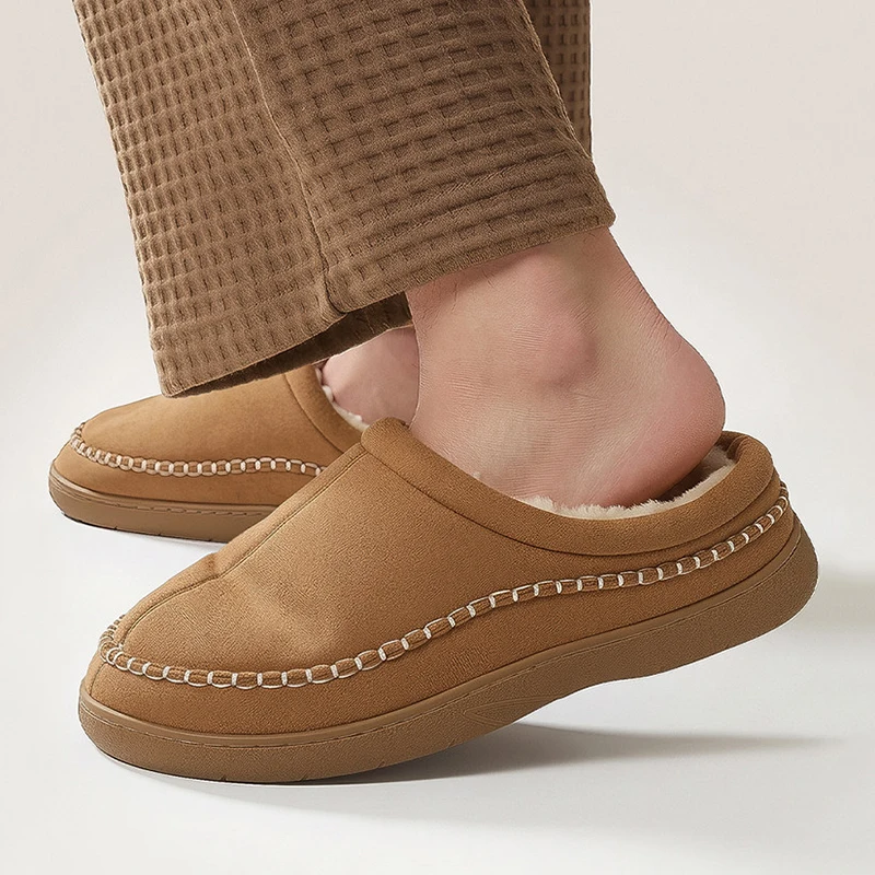 Plus Size 51 Platform Plush Slippers Men 2026 Winter Thicken Warm Wide Foot Non Slip Cotton Slippers Soft Thick Sole Home Slides