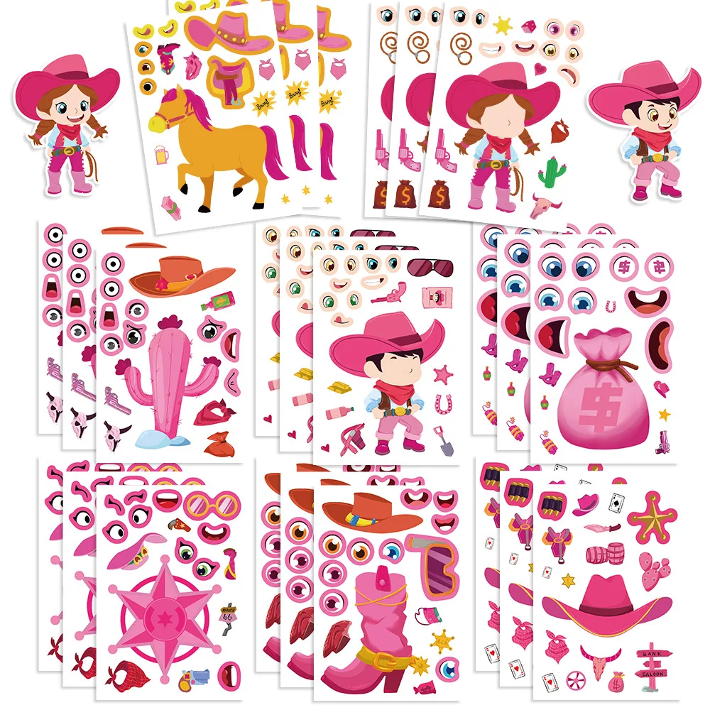 8/16Sheets Pink Western Cowgirl theme DIY Make A Face Stickers Puzzle Toys for Girl Birthday Wedding Bachelorette party Decor