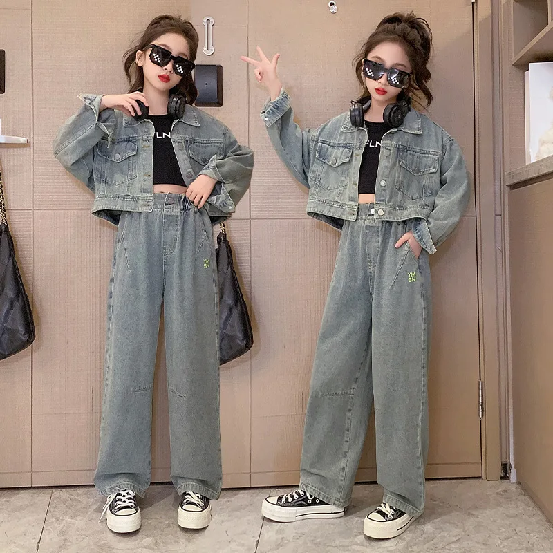 

Girls Coat +Pants Kids Suits 2PCS/Set Cotton 2024 Cool Jean Spring Autumn Cotton Formal Sport Teenagers Children Clothing