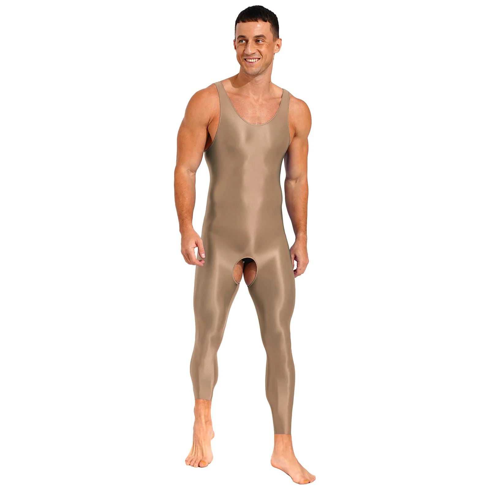 Mens Lingerie Tights Close-fitting Jumpsuits One Piece Glossy Open Crotch Solid Color Stretchy U Neck Sleeveless Bodysuit