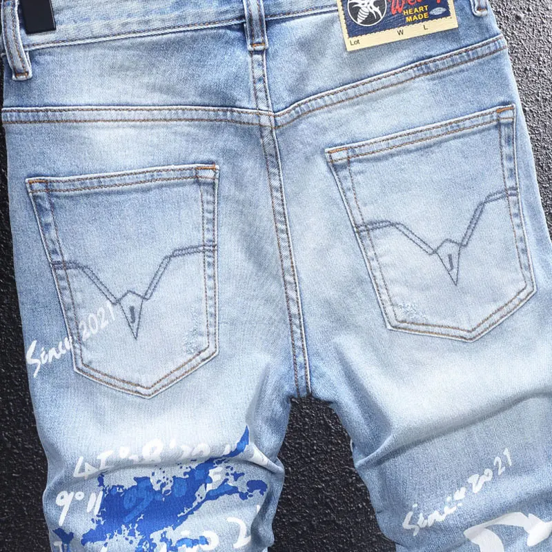 Street Fashion Designer Men Jeans High Quality Retro Light Blue Stretch Slim Fit Printed Ripped Jeans Men Vintage Denim Pants