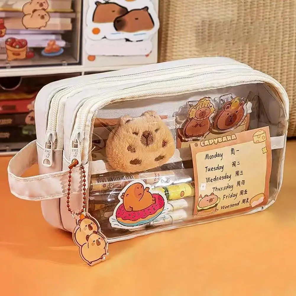 1 Set Pencil Case Set with Bonus Doll Stickers Waterproof Multi-Level Compartments Pencil Pouch Capybara Doll Pencil Bag