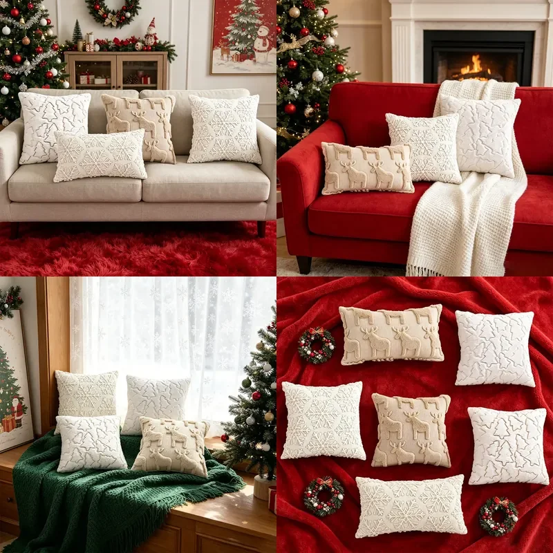 Cross-border Christmas pillow cover plush snowflake quilted Christmas tree living room sofa cushion holiday party decorative