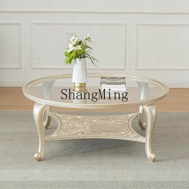 

ZYY light luxury solid wood coffee table simple living room hand-painted engraving round edge table
