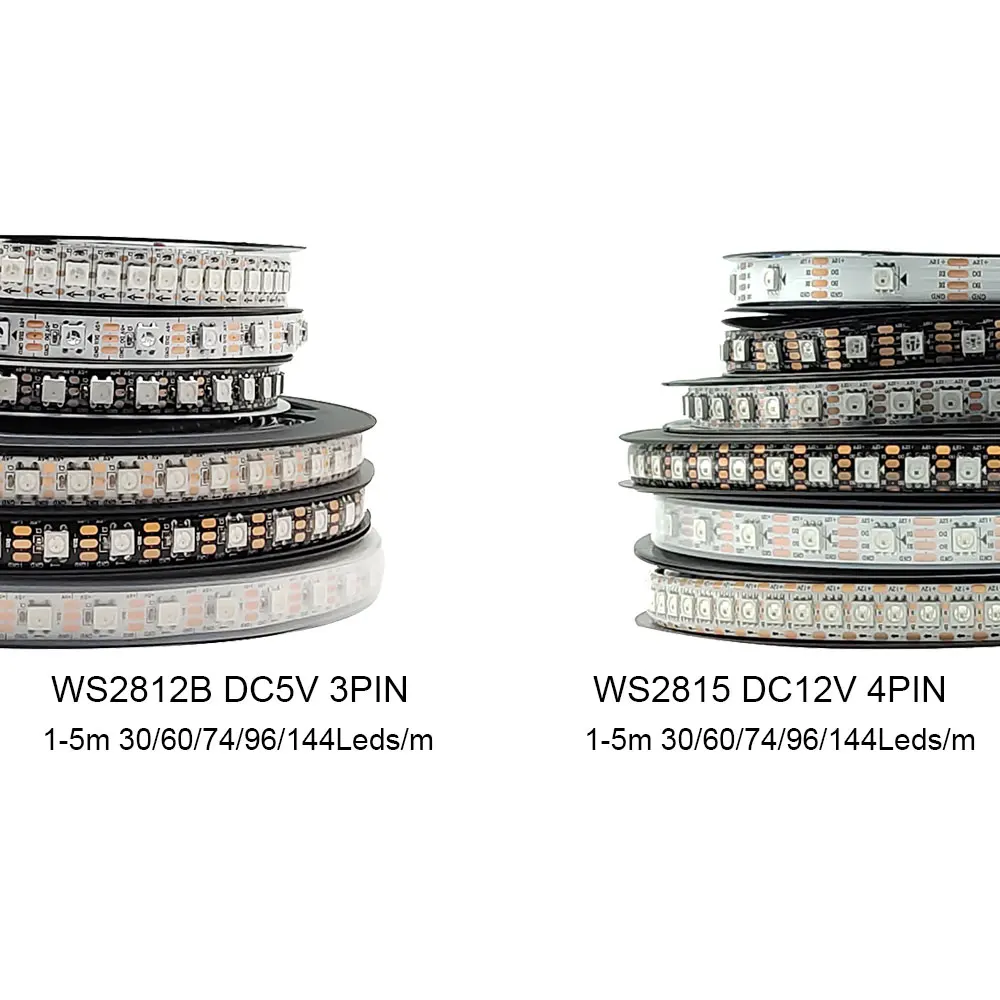 WS2815 WS2812B RGB 30/60/74/96/144Pixels/Leds/m Individually Addressable IC Smart LED Strip Light Black/White PCB IP30/IP65/IP67