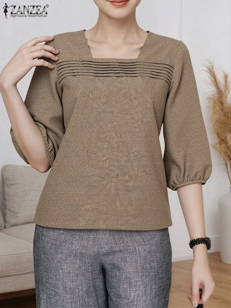 เสื้อเชิ้ตคอเหลี่ยม ZANZEA รุ่น Autumn ปี 2025 เสื้อผู้หญิงลำลองทรงหลวม แขนทรงโคมไฟ 3/4 แฟชั่นวินเทจ สีพื้น