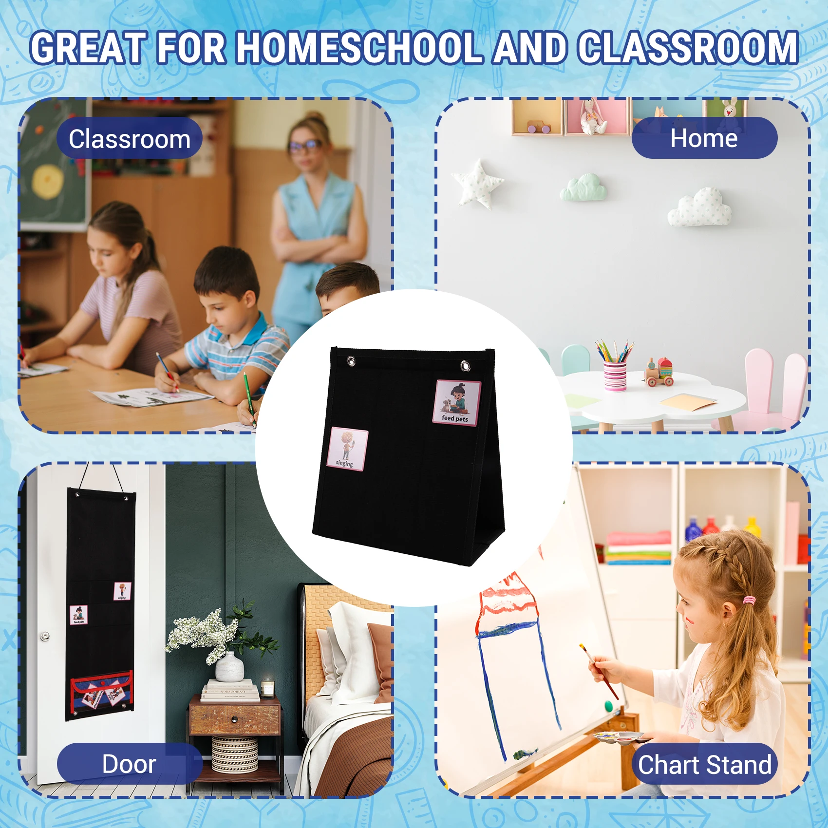 Gfc-Visual Schedule for Kids Daily Routine Chart with 70 Cards Calendar Pocket Autism Learning Behavioral Tool Black