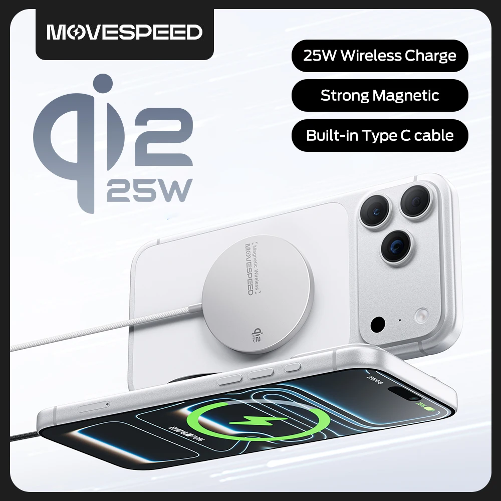 MOVESPEED Qi2 磁気ワイヤレス充電器 25W 内蔵Type Cケーブル ワイヤレス充電器 急速充電パッド iPhone 17 16 15 14Pro対応
