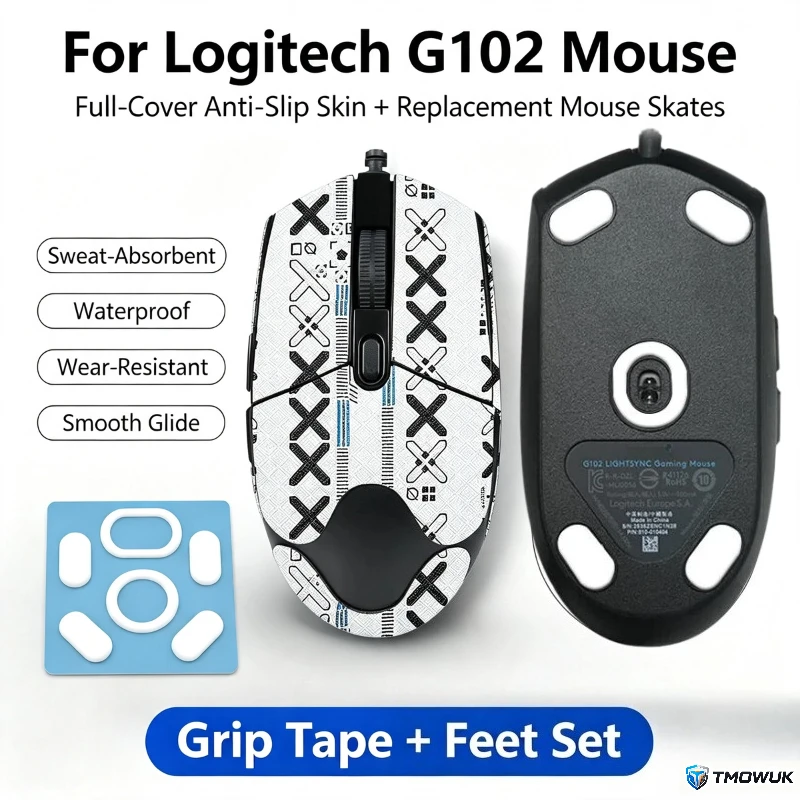 For Logitech G102 Full-Cover Anti-Slip Sweatproof Grip Skin + Standard & PTFE Ice Shock-Absorbing Mouse Skates, Wear Resistant