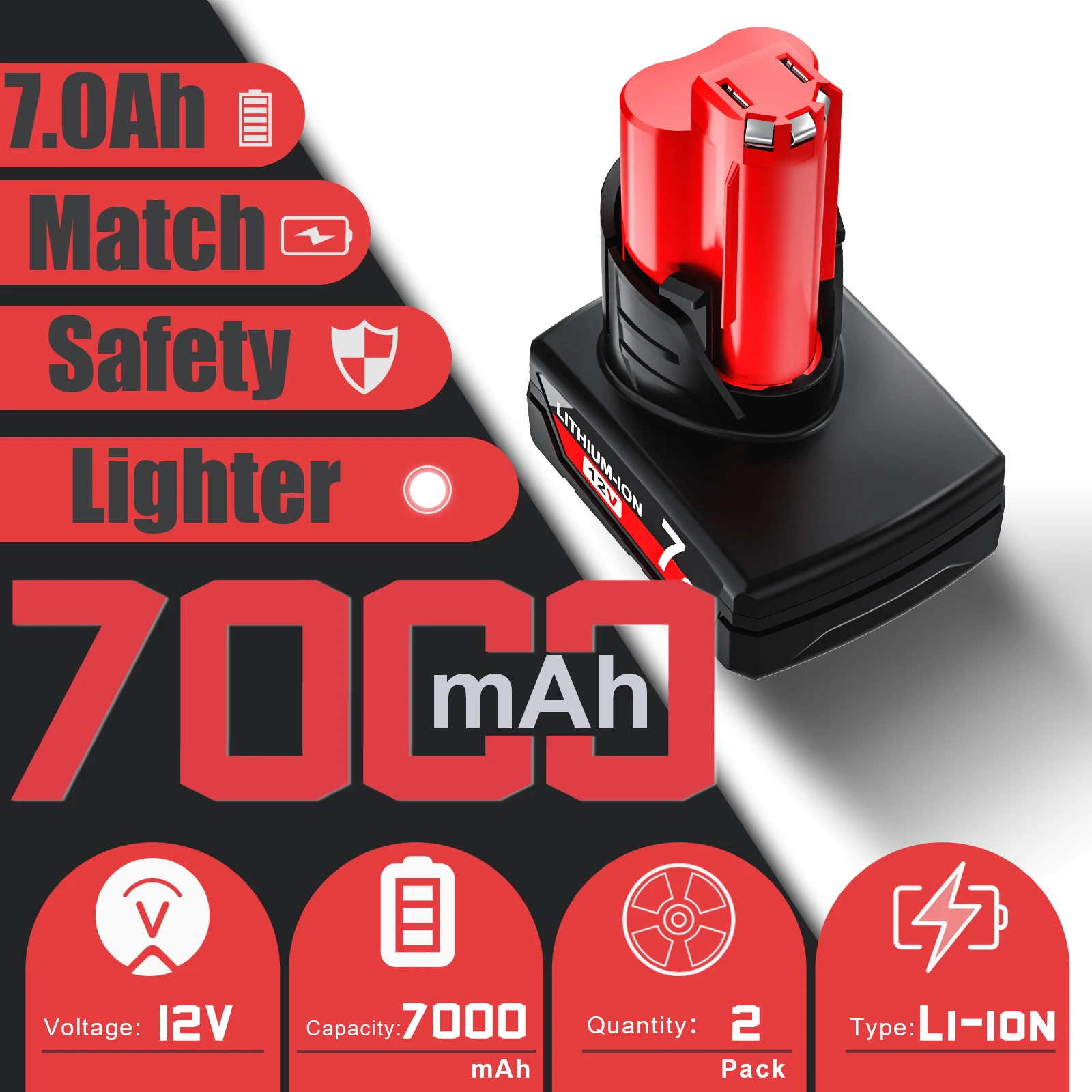 7000mAh Battery For Milwaukee M12 Rechargeable Battery 7.0Ah For 12V Cordless Tools 48-11-2402 48-11-2411 48-11-2401 MIL-12A-LI