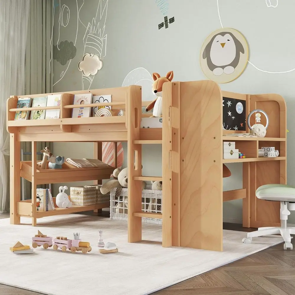

Twin Size Wooden Low Loft Bed with Desk, Storage Drawers, Cabinet, and Guardrails for Kids, Natural Finish