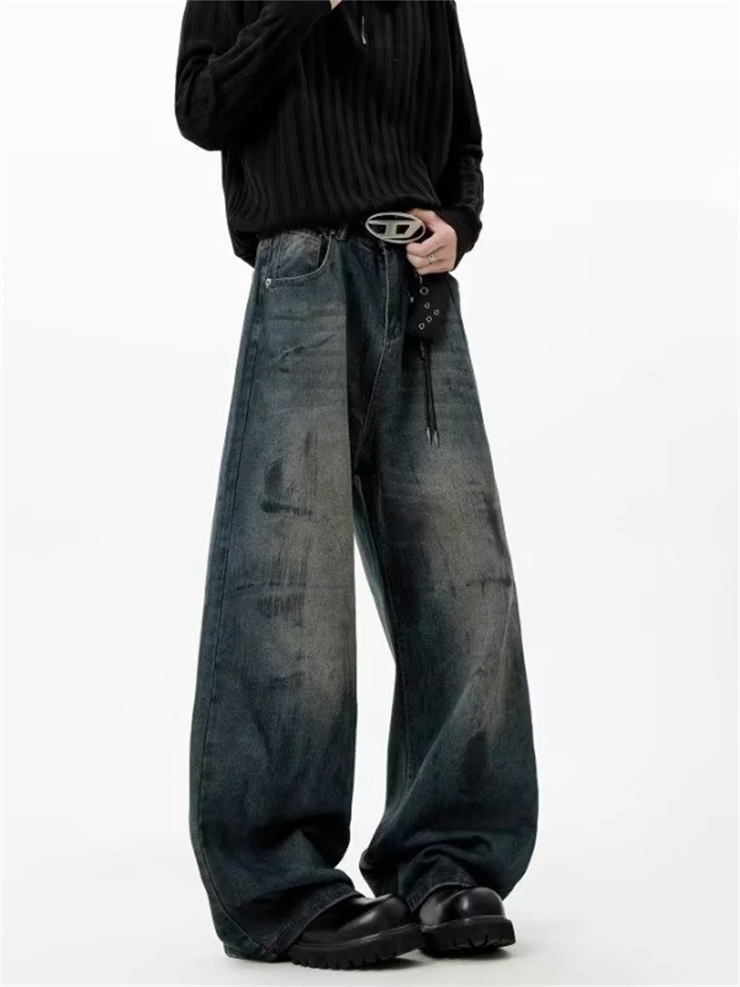 

American Washed Straight Leg Men's Jeans Trendy High Street Vibe Loose Drapey Vintage Micro Flared Wide Leg Long Trousers