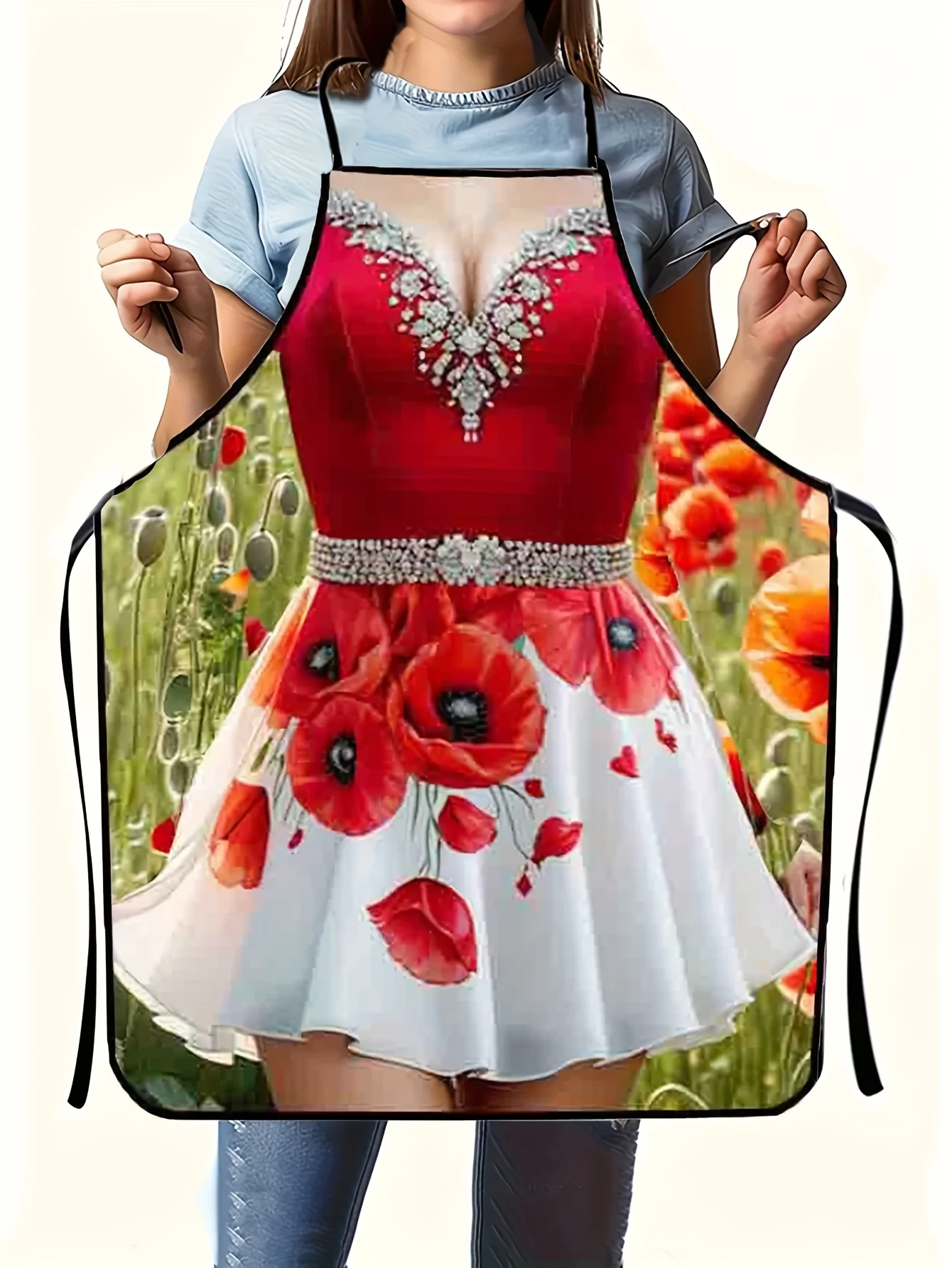 1 Stück stilvolle Schürze mit Blumenmuster und Farbverlauf in Rot für Damen – verstellbare Bänder, perfekt für die Arbeit oder in der Küche