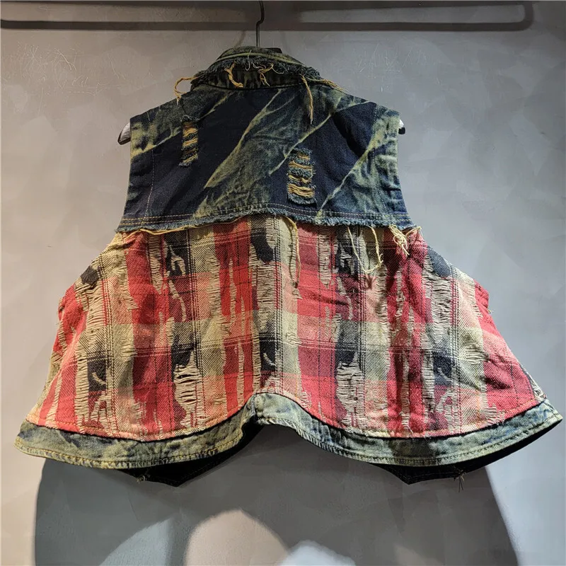 [zoci] Design Sense, Personality, Fashion, 2024 Style, Vintage Denim, Color Blocked, Loose Casual Vest Jacket, Trendy