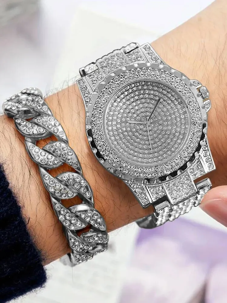 2pcs Stylish Shiny Full Diamond MEN\'S Large Dial Steel Band Quartz Watch with Diamond Inlaid Chain Bracelet Set