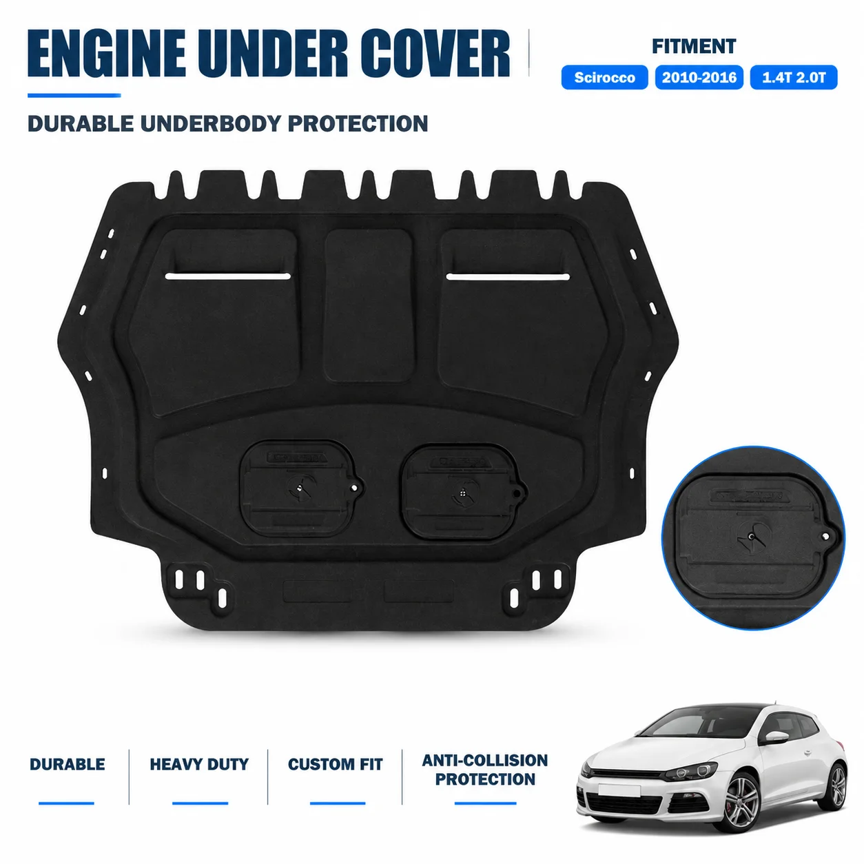 Heavy Duty Engine Skid Plate, No Drilling Custom Fit Underbody Splash Shield for VW Scirocco 2010-2016 1.4T 2.0T