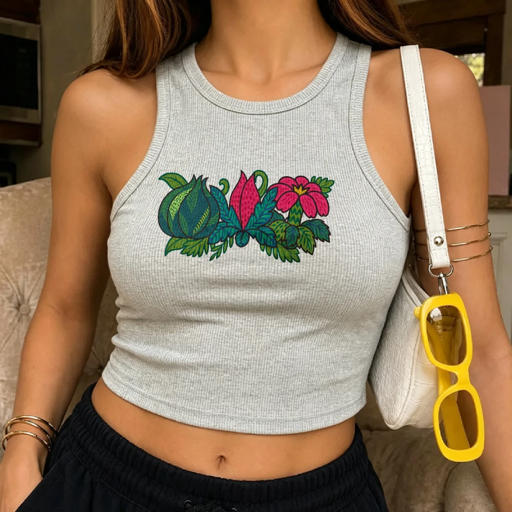 Floral Graphic Tank Top Women Vintage Tropical Floral Botanical Graphic Ribbed Crop Tank Top Sleeveless Teen Girls Daily Outfit