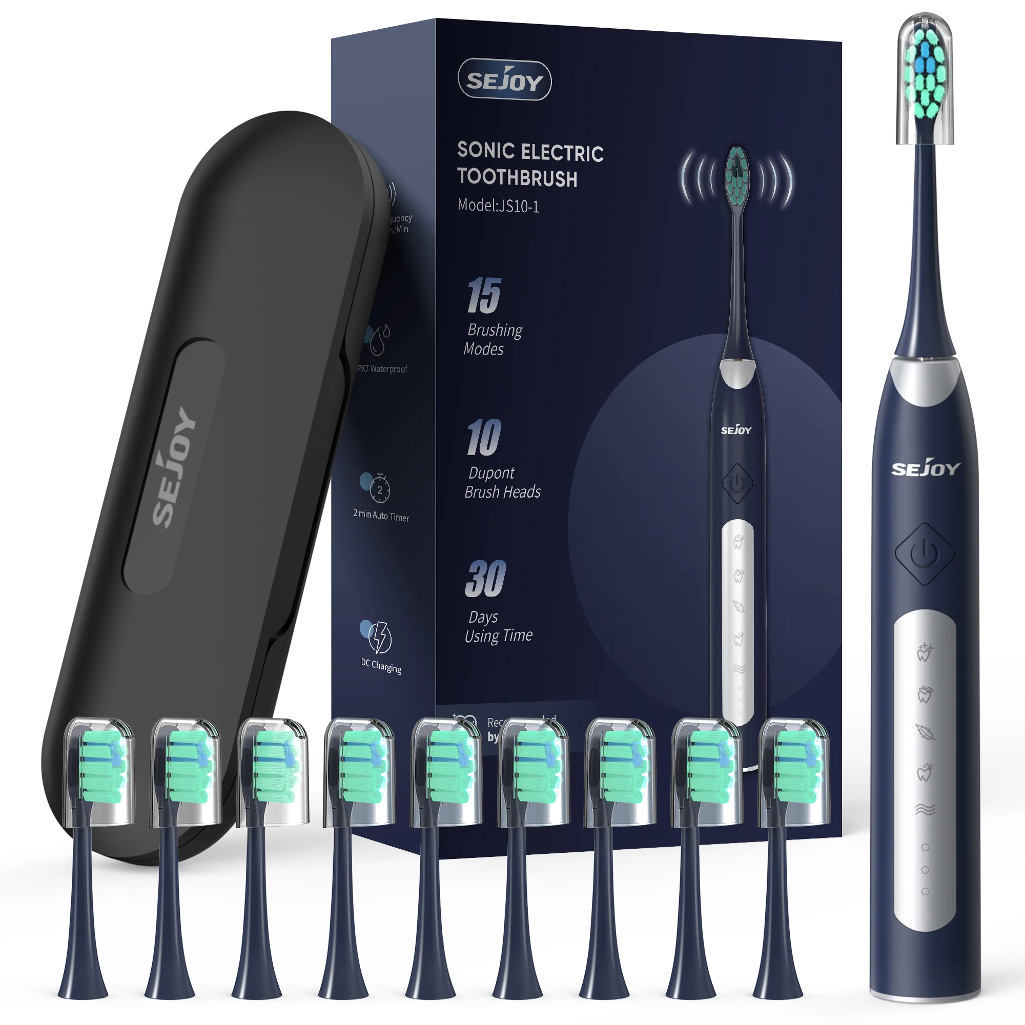 

Sejoy Electric Toothbrush with 10 Brush Heads & Travel Case, 5 Cleaning Modes ,2 Minutes Built in Smart Timer Sonic Toothbrush