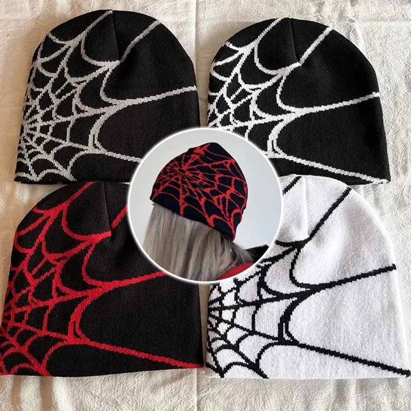

Retro Gothic Spider Web Jacquard Beanie for Women Men Caps Y2K Unisex Knitted Warmer Hip Hop Unisex Elastic Knit Hat Skull Cap