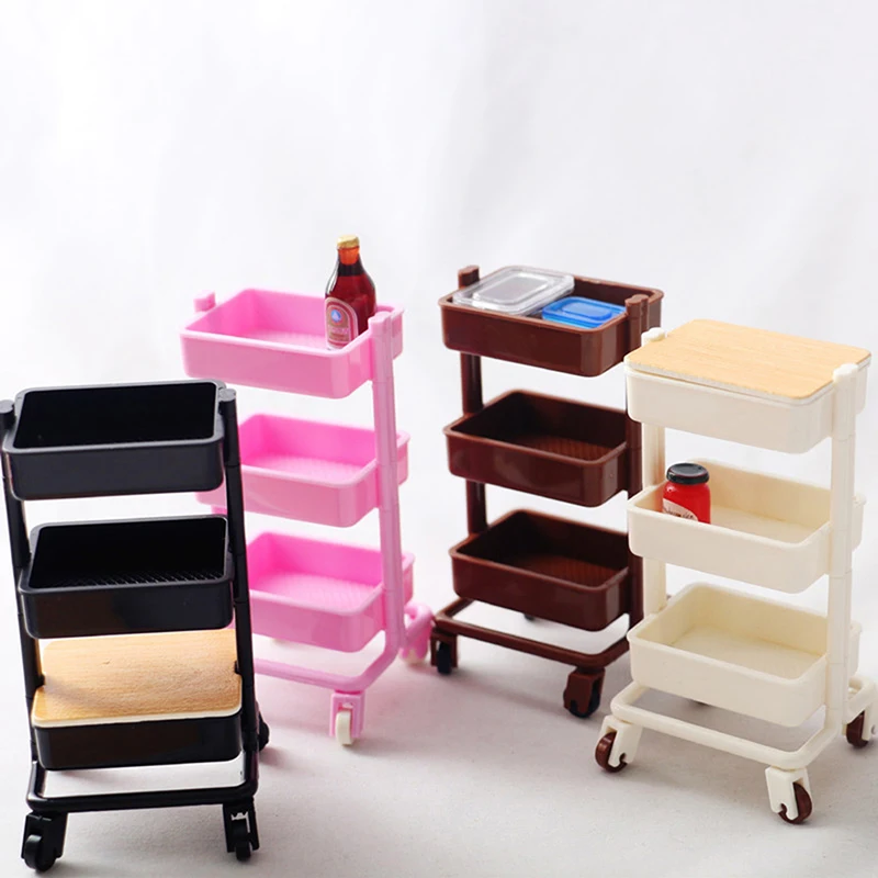 1Set 1:12  Dollhouse Miniature Trolley Dining Cart with Wheels Storage Display Shelf Bookshelf Furniture Model Decor Toy