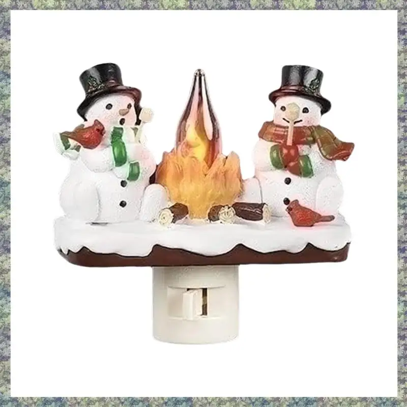 

WON Snowmans And Campfire Night Light Indoor Flickering Nightlight Decoration 3D LED Small Faux Campfire Night Light US Plug
