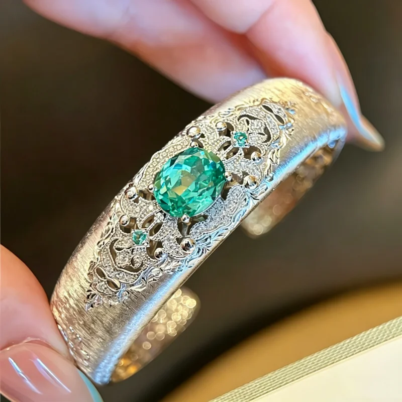 Cameo lace elegant bracelet S925 silver gold-plated Paraiba green heavy-duty brushed workmanship luxury open bangle