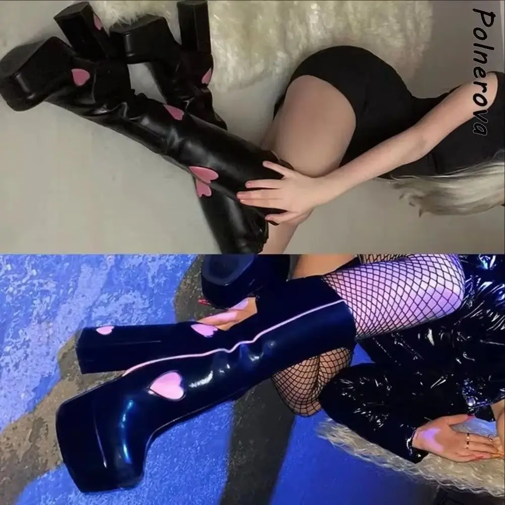 

Patchwork Heart Platform Boots Chunky Heels Side Zipper Mixed Color Leather Round Toe Shoes Women's Elegant Winter Sexy Shoes