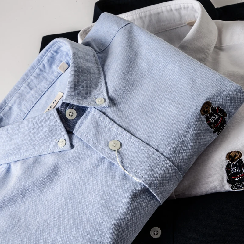 

American Sle Casual Cotton Ox irt Men's Japanese Trend Creative Cartoon Bear Embroidery Versatile irt Spring Youth ...