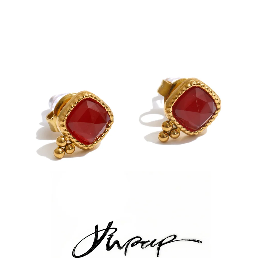 Yhpup Edelstahl-Gehäuse Afrikanischer Jade-Achat-Stein Quadratische Ohrstecker für Frauen Exquisiter Goldfarbener Retro-Schmuck